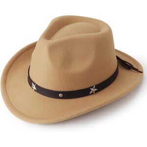 Women's Khaki Western Faux Star Stud Band Buckle Classic Fedora Cowboy Felt Hat